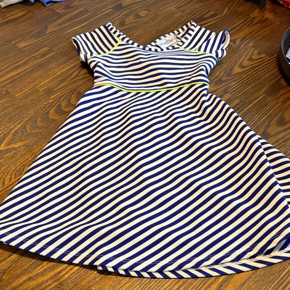 Rare Editions Navy and White Striped Casual Dress with Lime Trim